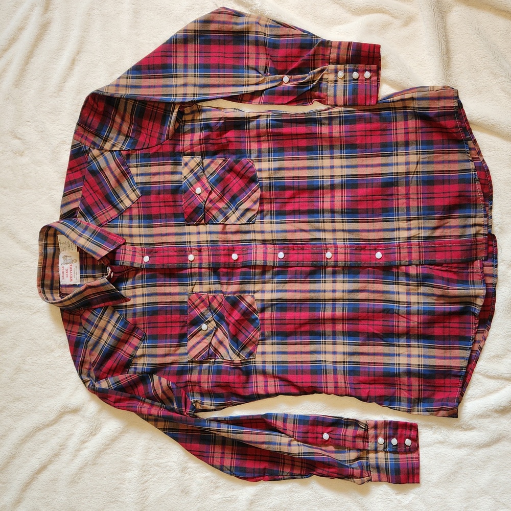 VINTAGE Key Saddle King Western Men's Shirt Pearl Snap Long-sleeve Red Tan Plaid
